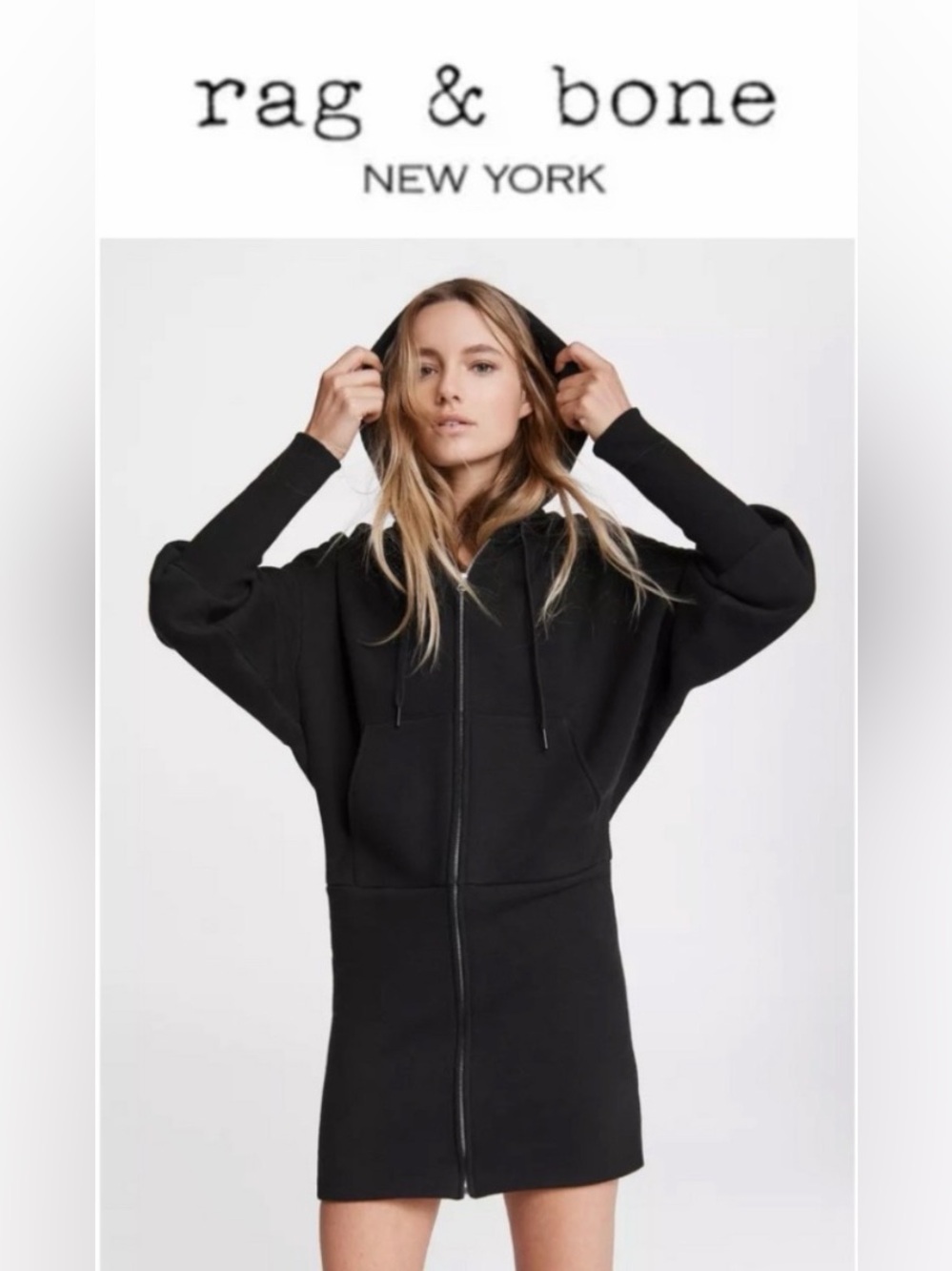 rag & bone Forest Hoodie Zip-Front Dress, Women’s Black Medium Sweatshirt Mini